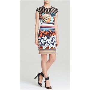 Clover Canyon Abstract Print Mesh Cap Sleeve‎ Sheath Dress